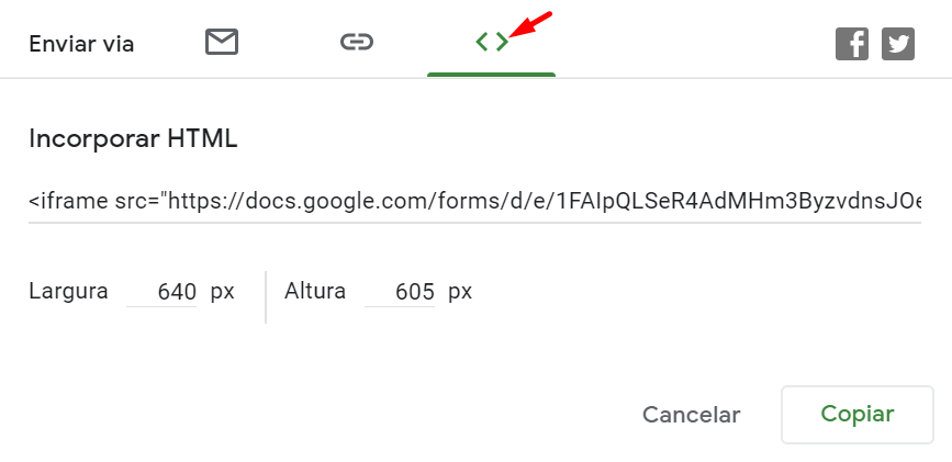 formulário inserido em página web