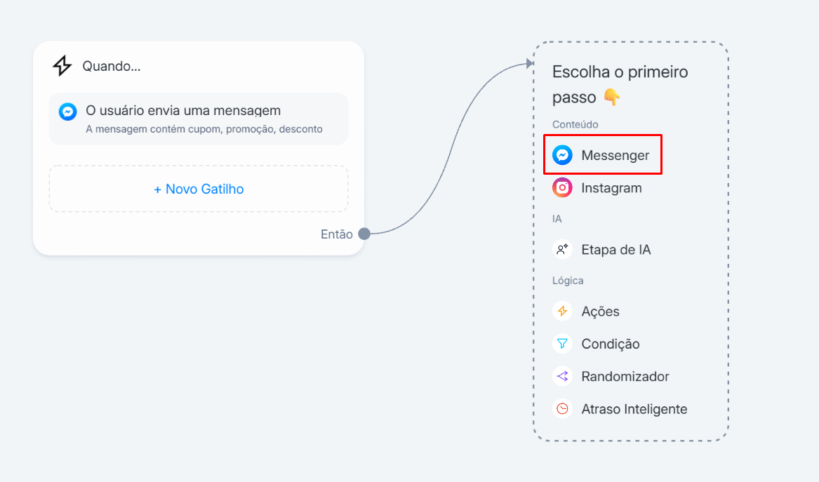 escolha da ação para criar um bot para facebook