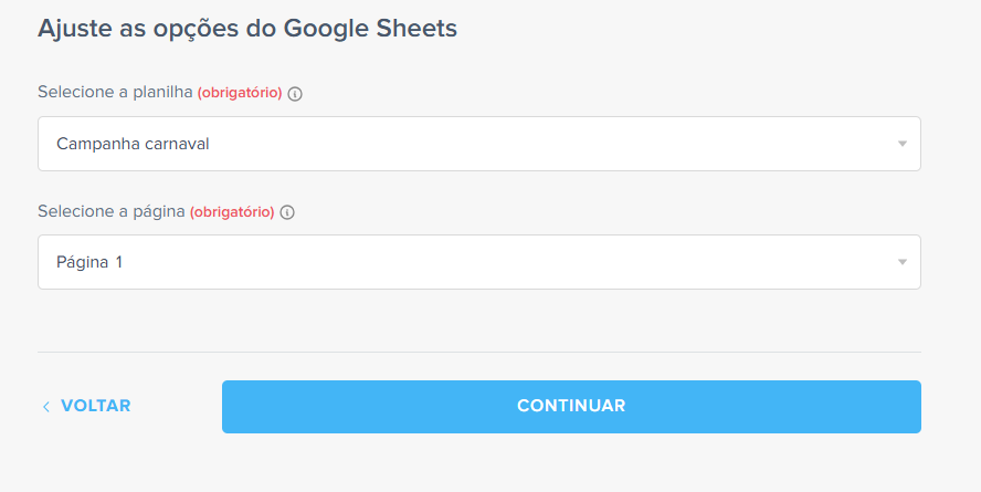 ajustar opções sheets