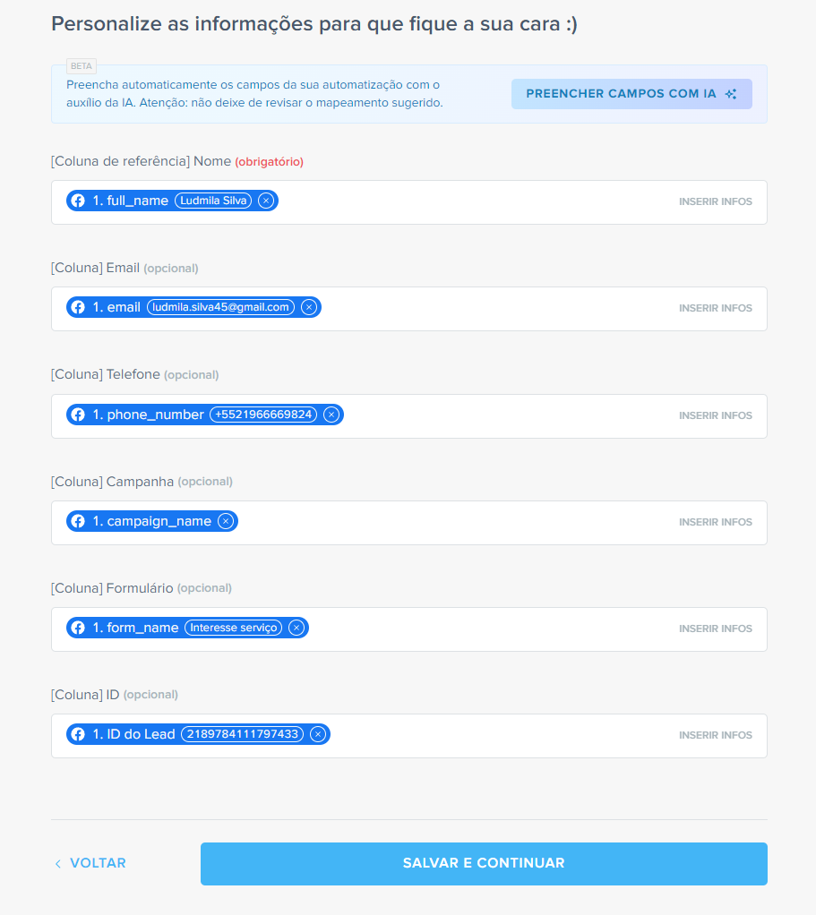 baixar leads do facebook automaticamente, campos do mapeamento