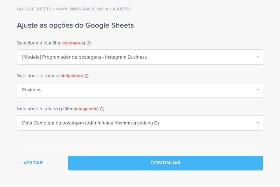 ajuste de planilha para agendar posts automaticamente no instagram