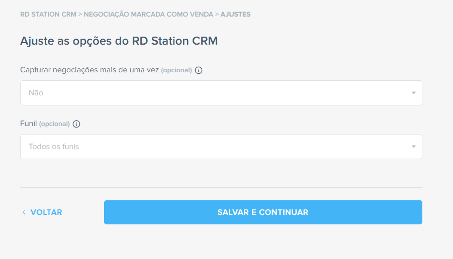 ajustar opções rd crm