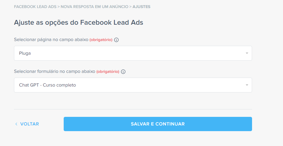 seleção de formulário do facebook lead ads para a automação