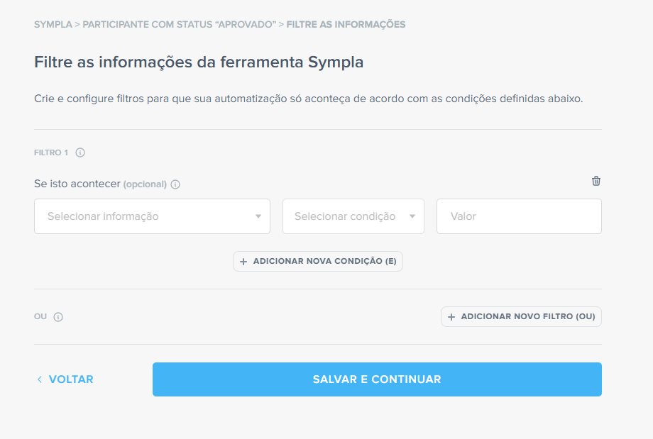 filtros da automatização sympla e pluga