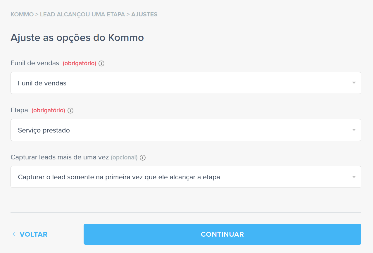 ajustar opções kommo