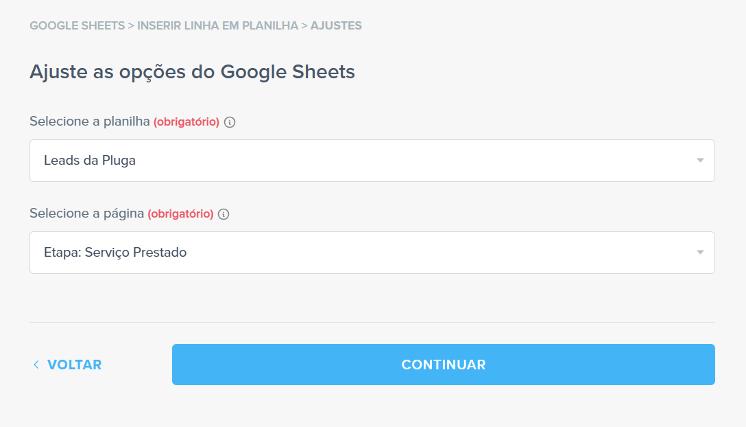 ajustar opções sheets