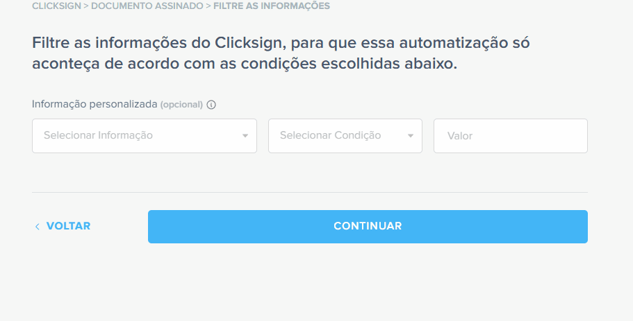 filtros na integração com clicksign e drive
