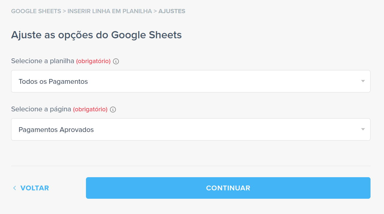 planilha e página google sheets