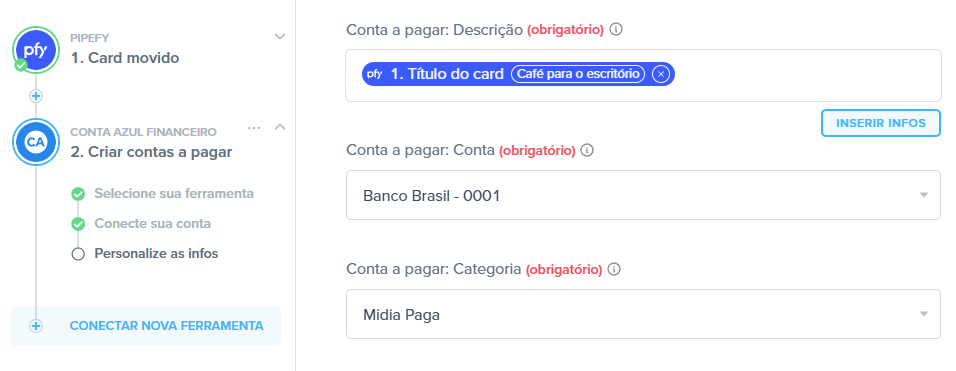 pipefy e conta azul financeiro integrado