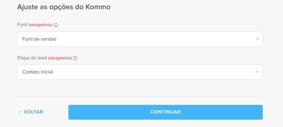 opções da kommo integrada ao respondi