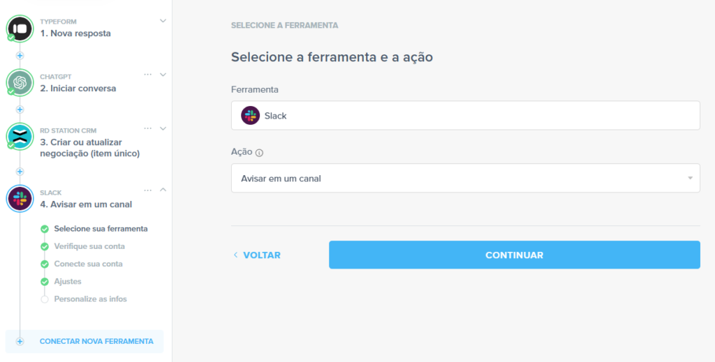 adicionar canal do slack na automatização