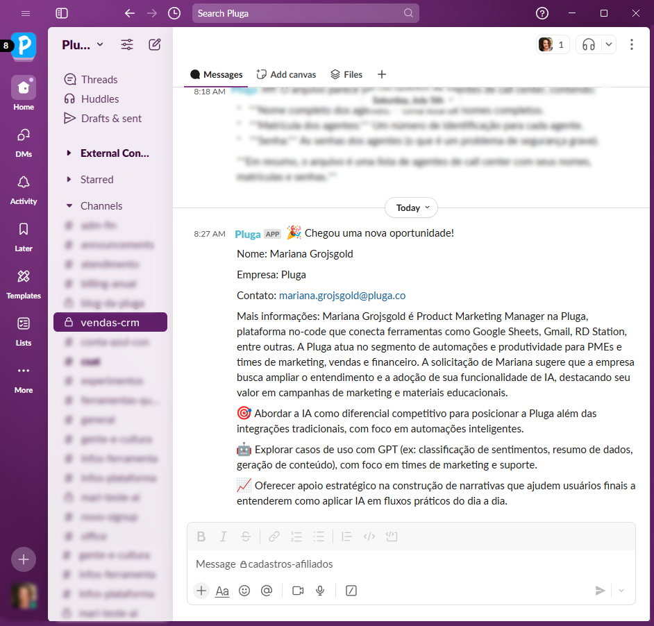 notificação de enriquecimento do lead no slack