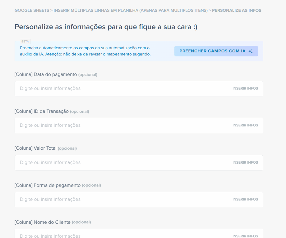 personalize a planilha de estoque