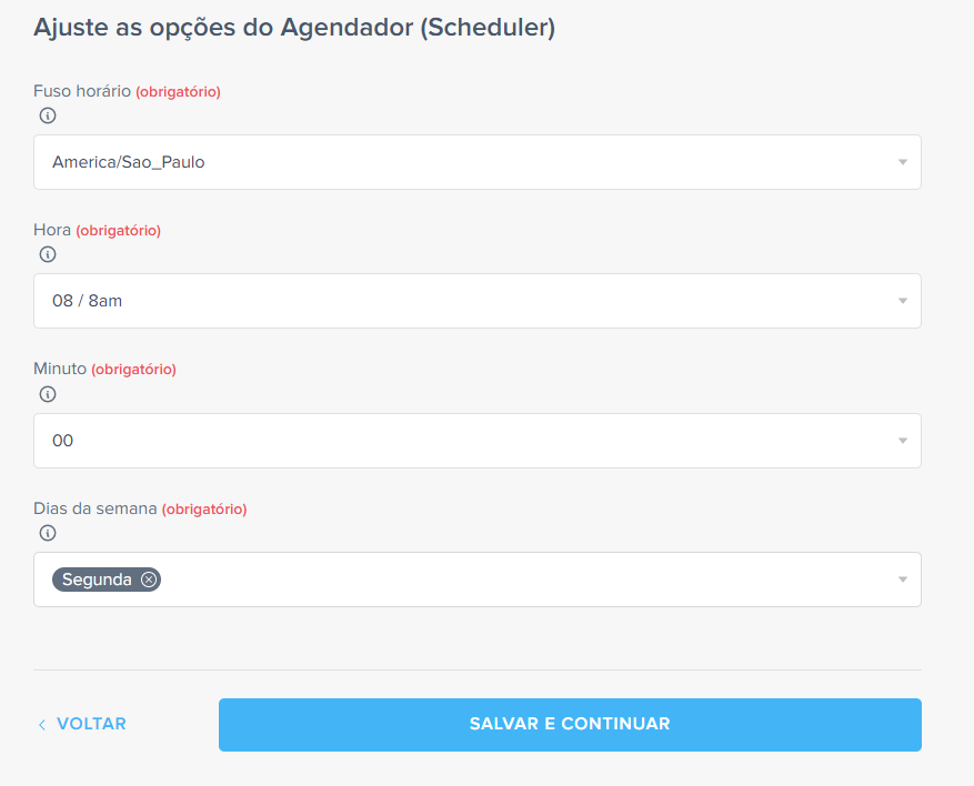 ajuste do agendador para definição de periodicidade