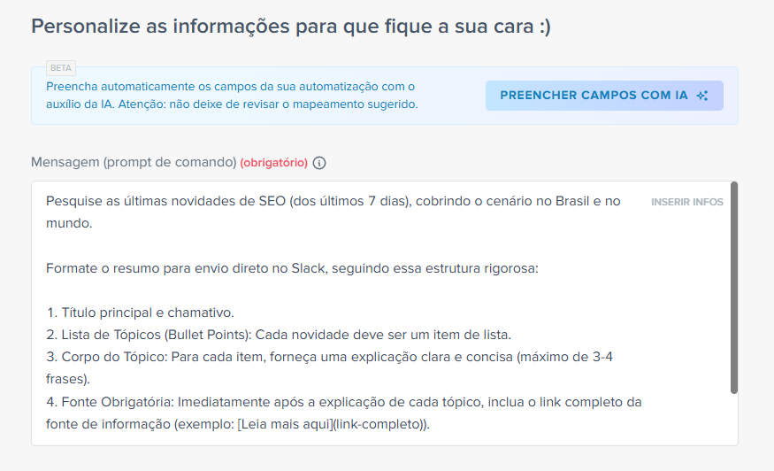 prompt para usar e receber noticias de seo no slack