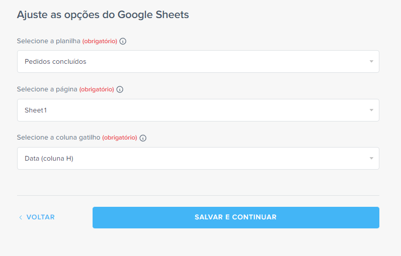 ajuste de opções da planilha