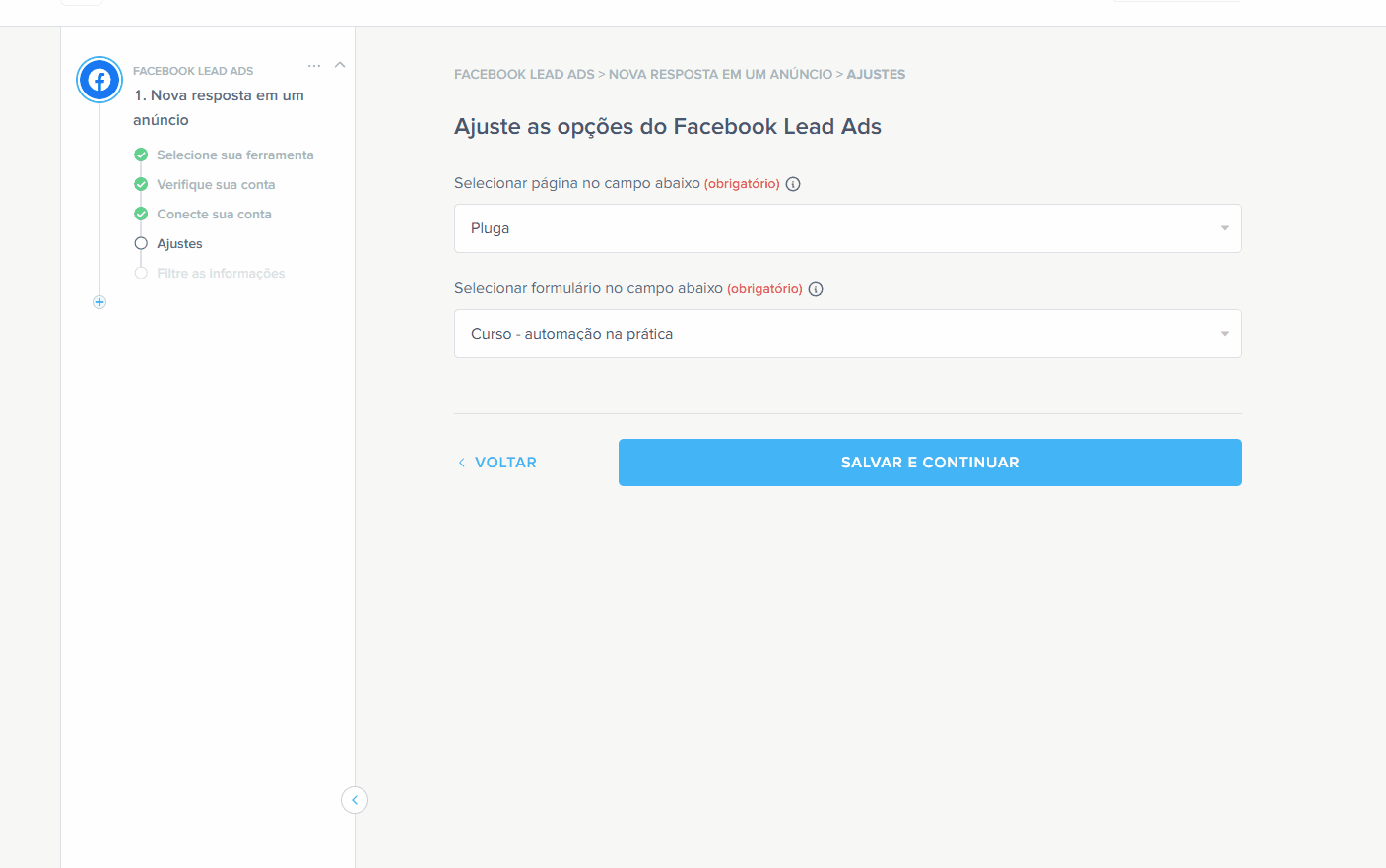 ajuste de opções para categorizar leads do facebook
