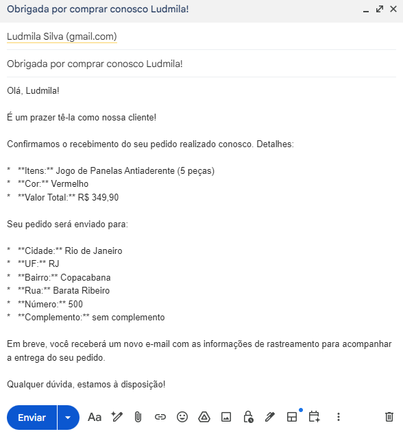 exemplo mensagem de confirmação de pedido automática