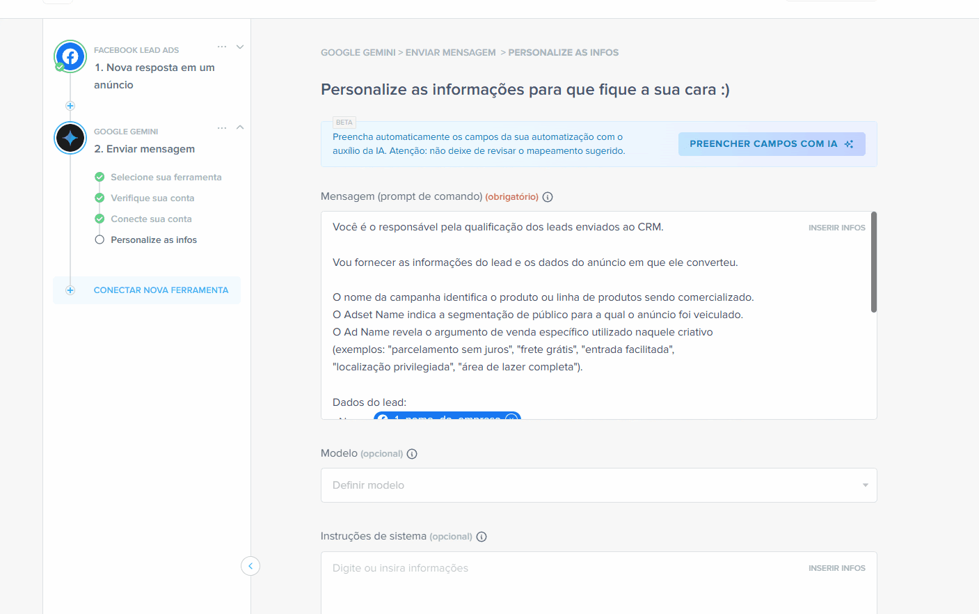 modelo e instruções ao sistema para categorizar leads com ai