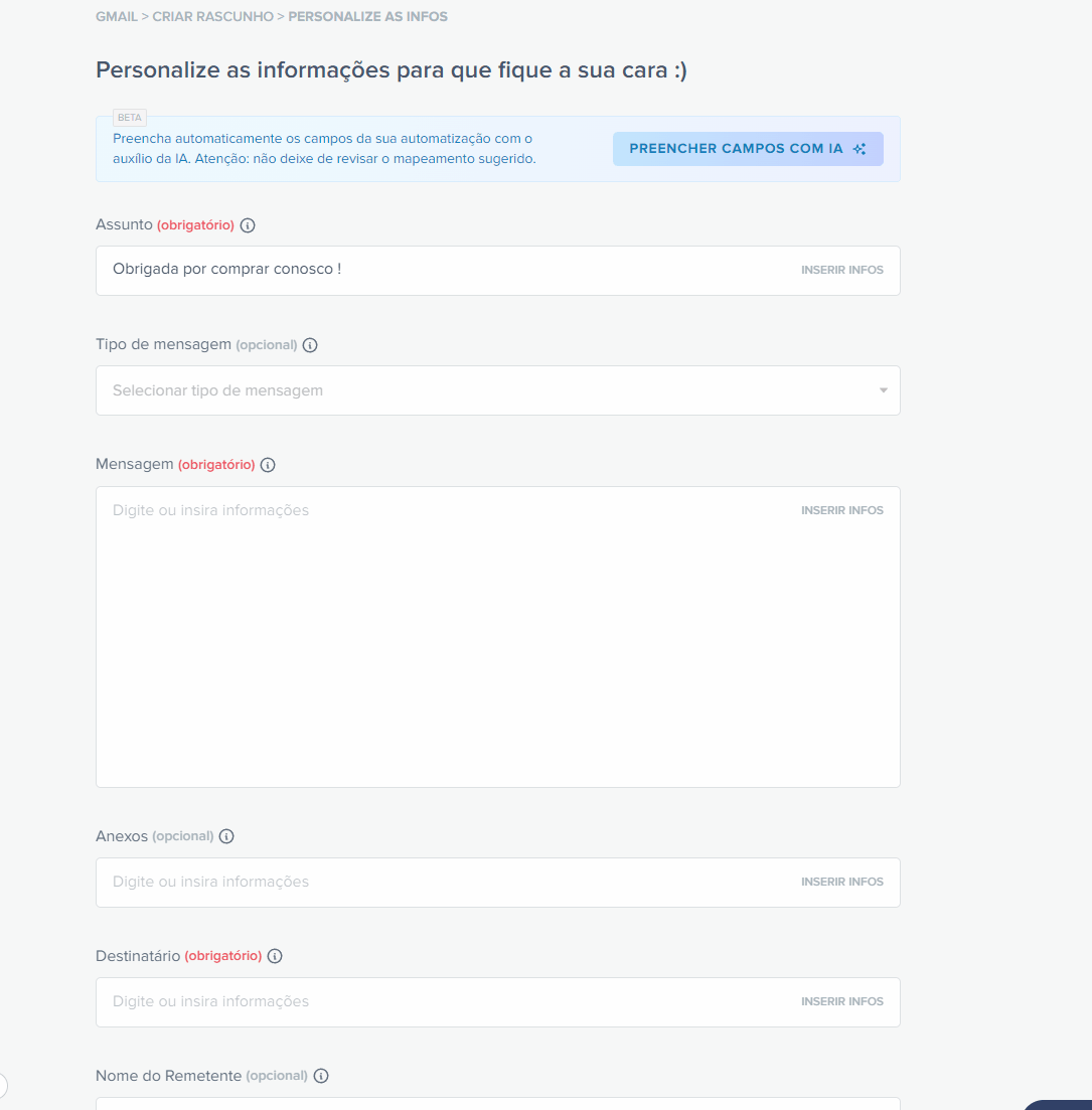 personalizando as informações que serão adicionadas no rascunho da mensagem de pedido confirmado