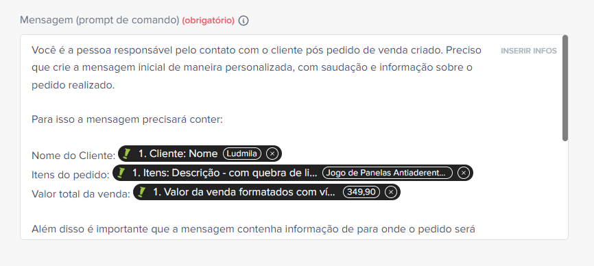 prompt para o gemini com as informações do pedido