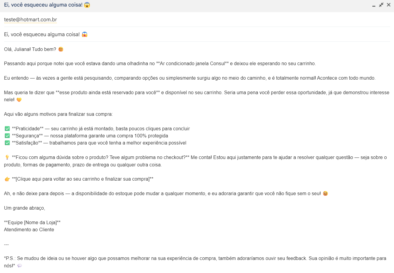 resultado mensagem de recuperação de carrinho abandonado na hotmart