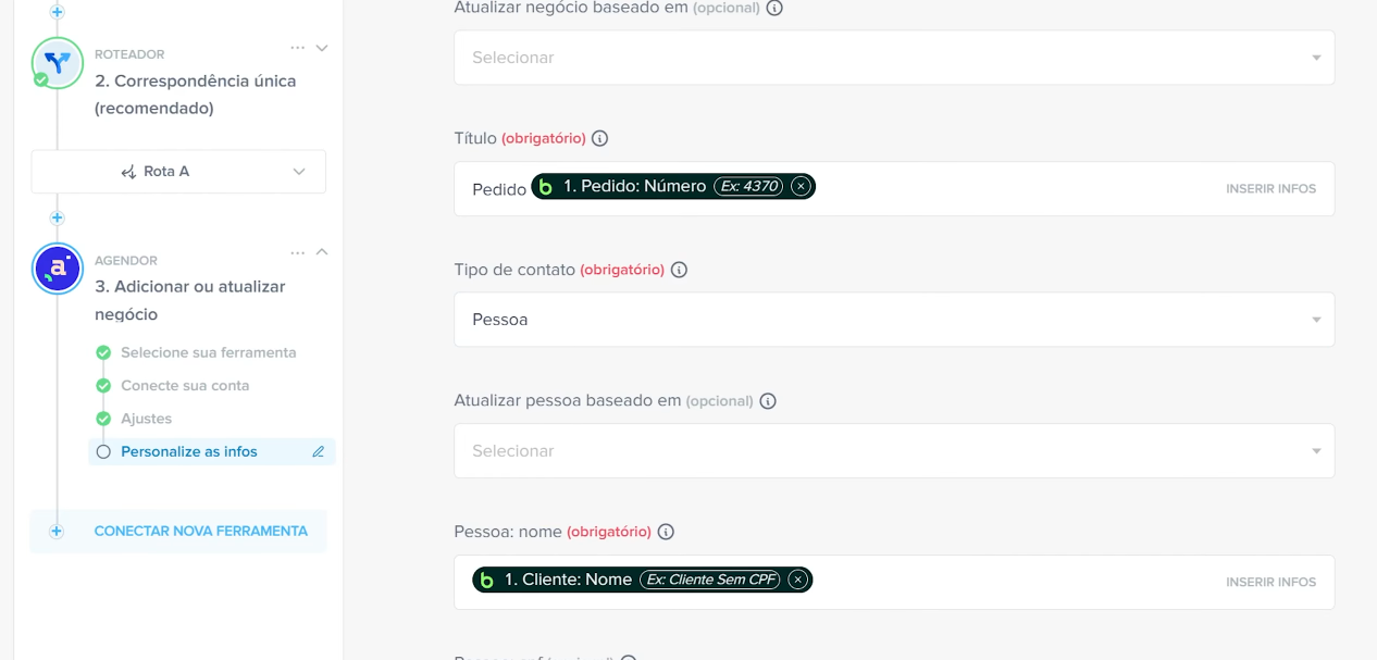 Configuração do roteador da Pluga separando pedidos por tipo de pessoa entre Bling e Agendor