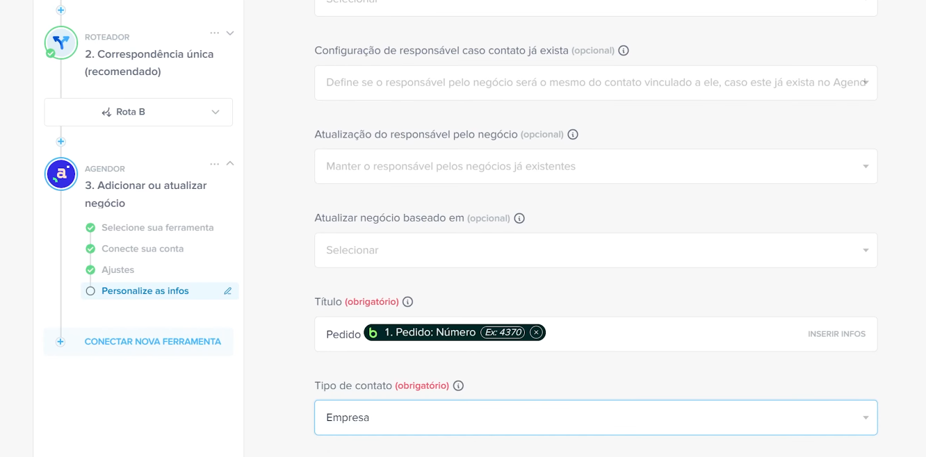 Configuração do roteador da Pluga separando pedidos por tipo de pessoa entre Bling e Agendor