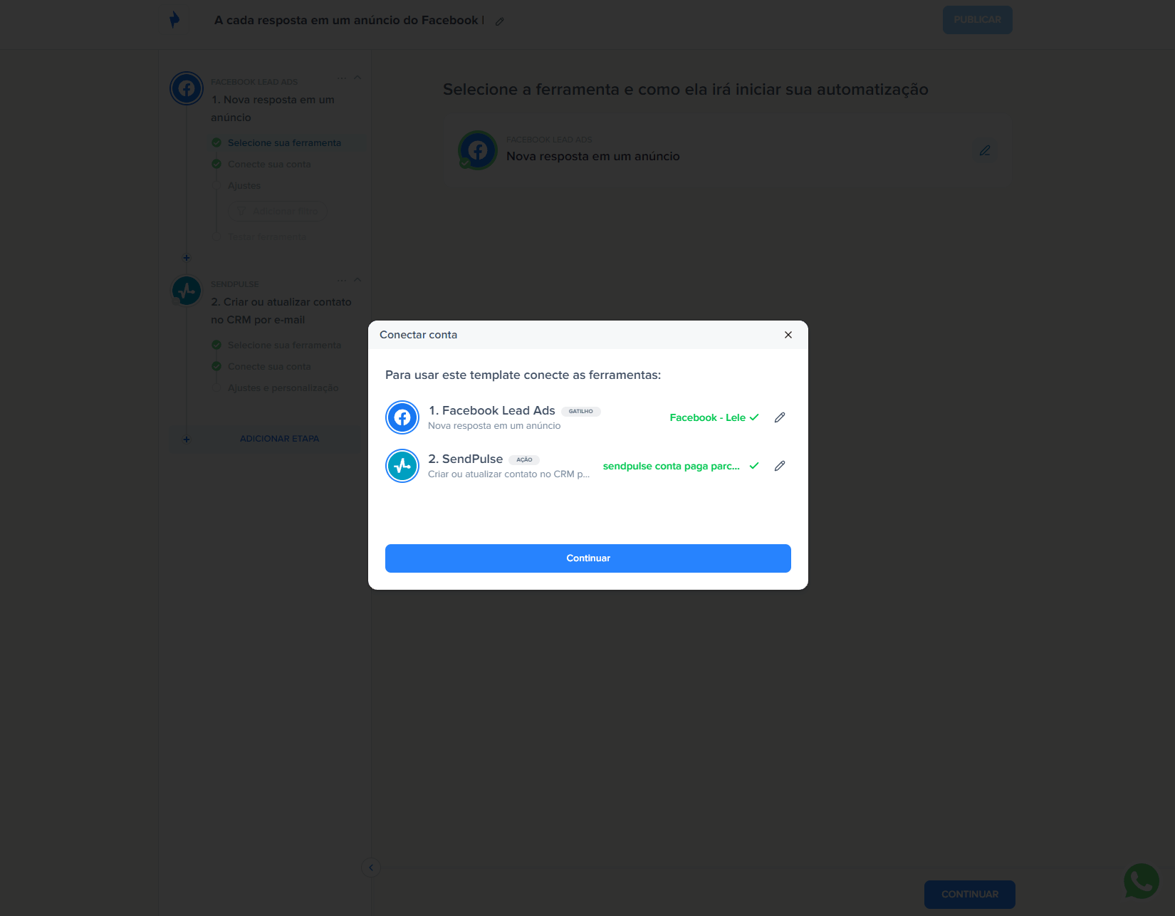 integração sendpulse com facebook pluga