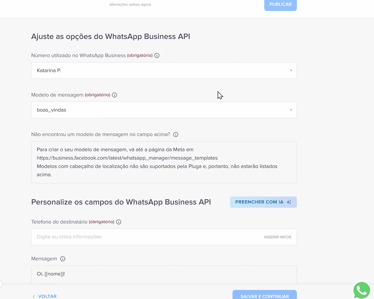 tela de mapeamento da Pluga com número do WhatsApp